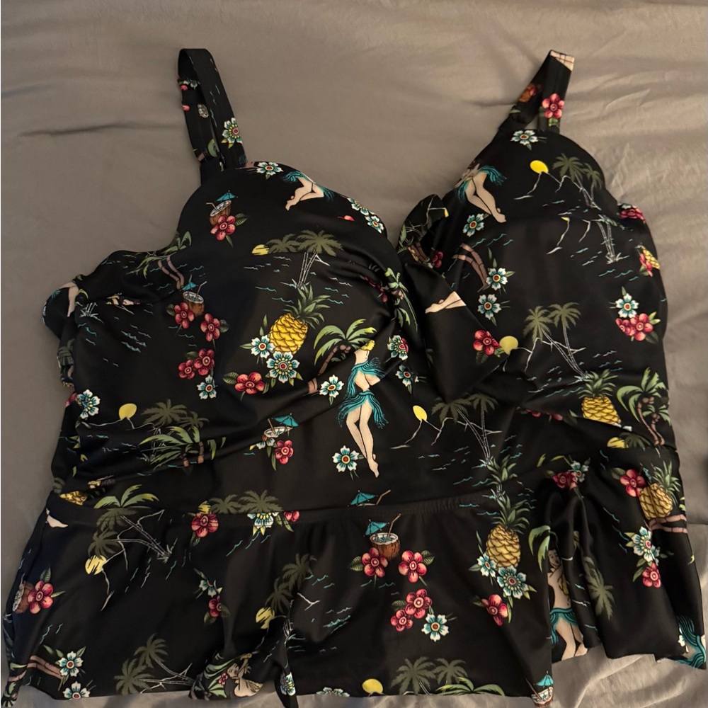 Torrid Black and Yellow Asymmetrical Ruffled Swim Top